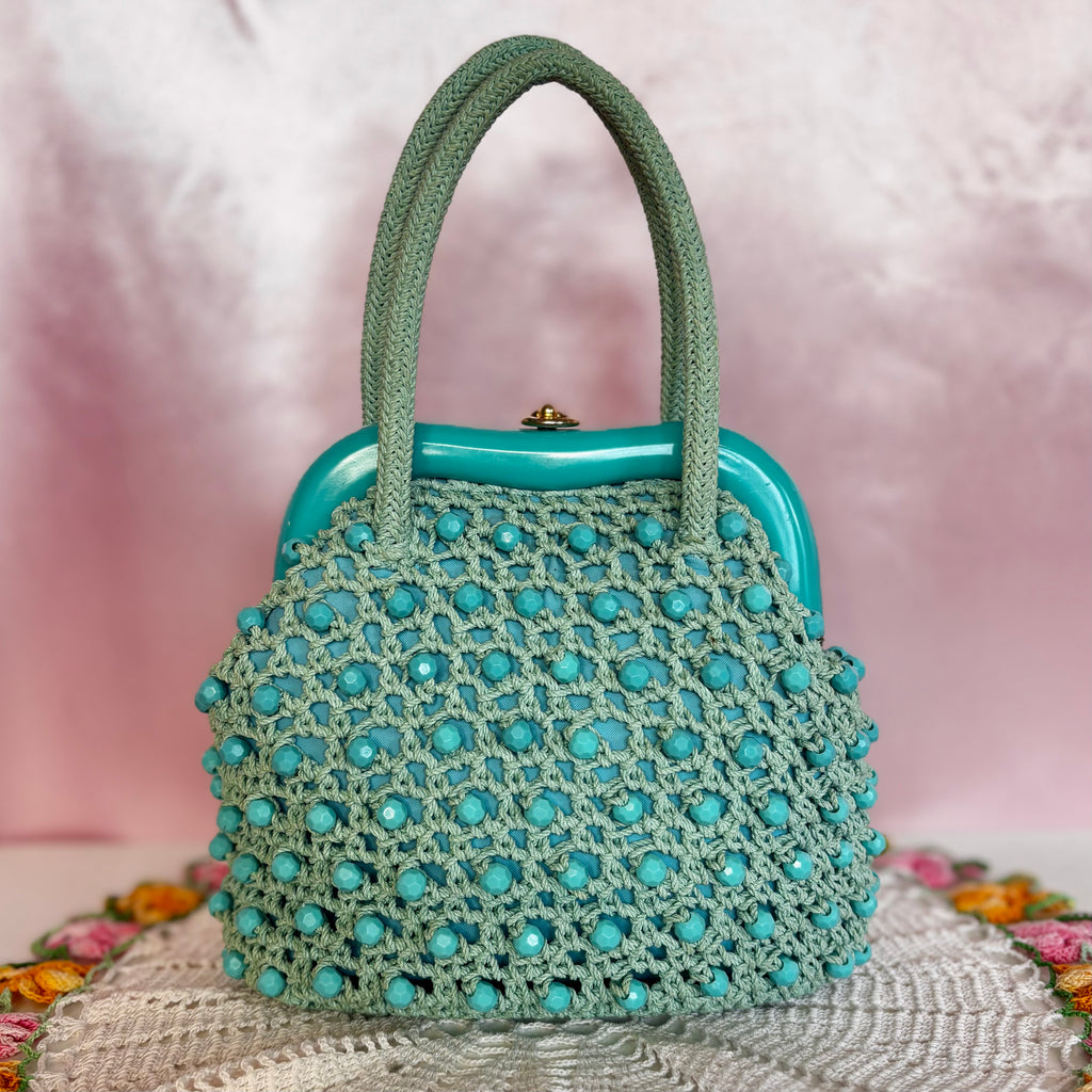 1960s Turquoise crochet beaded bag