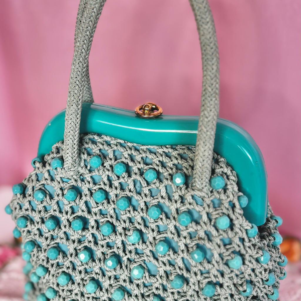 1960s Turquoise crochet beaded bag