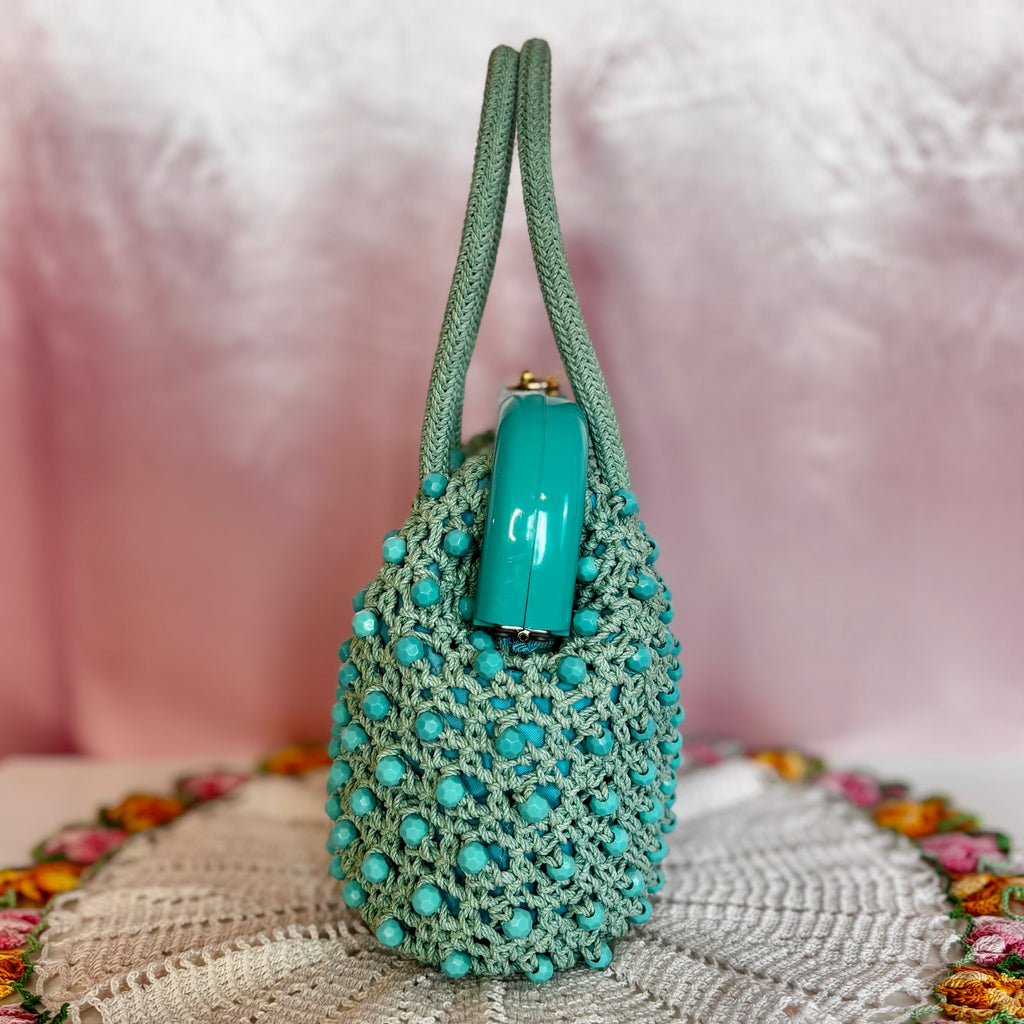 1960s Turquoise crochet beaded bag
