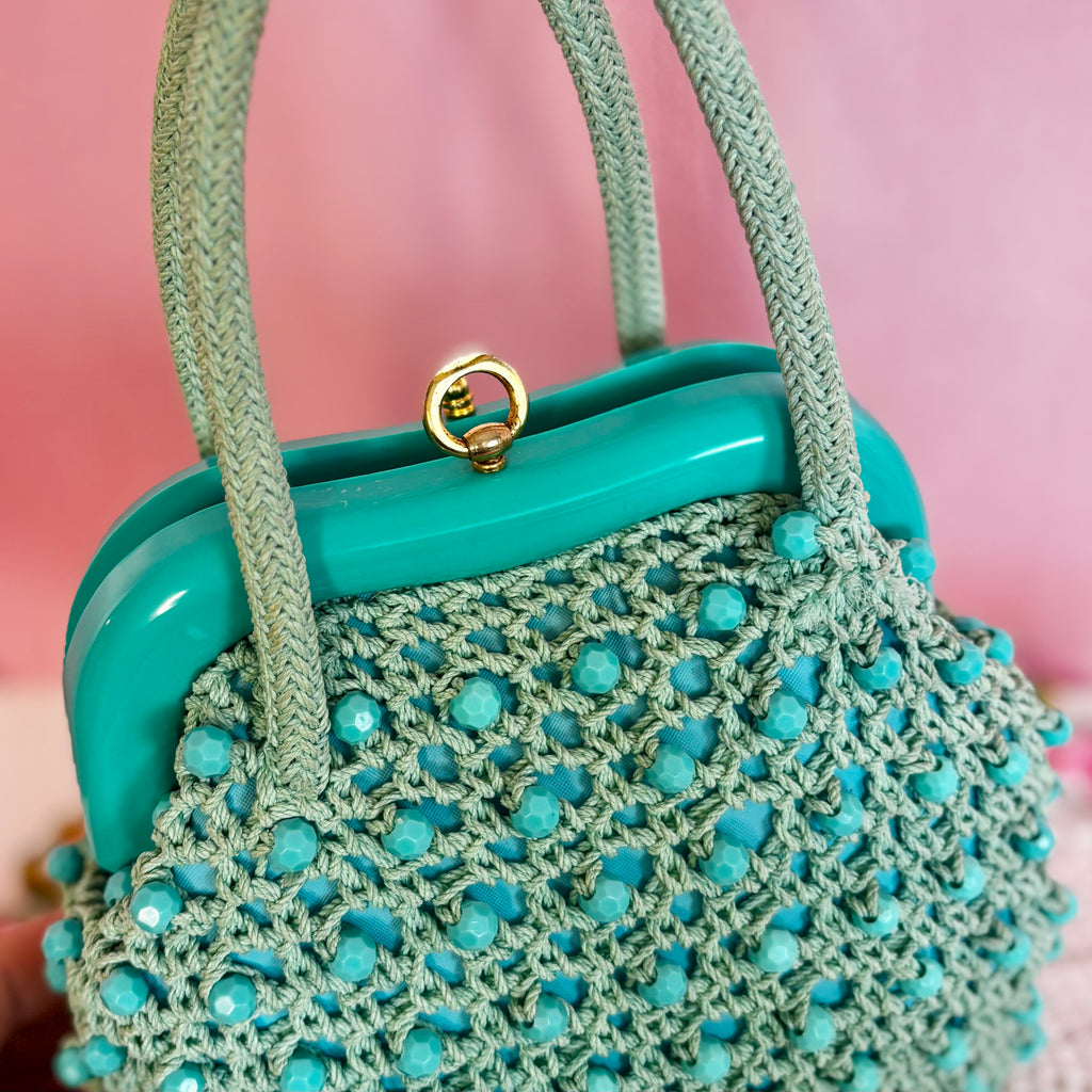 1960s Turquoise crochet beaded bag