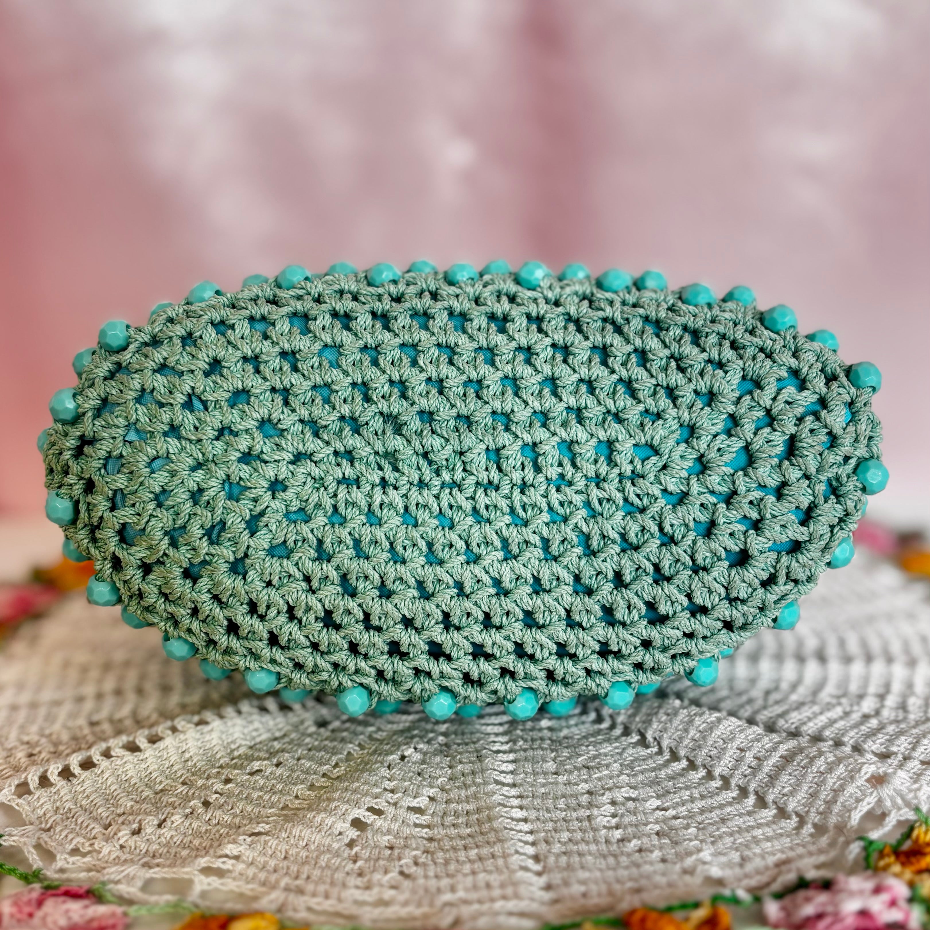 1960s Turquoise crochet beaded bag