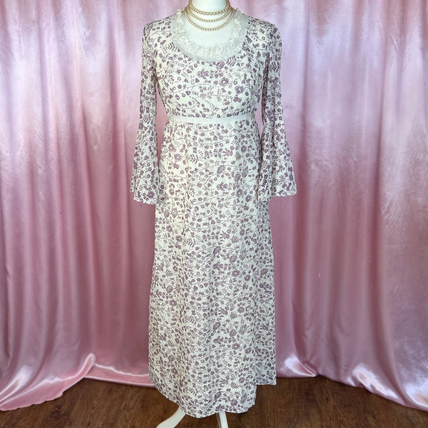 1960s Floral lace midaxi dress, handmade, size 10