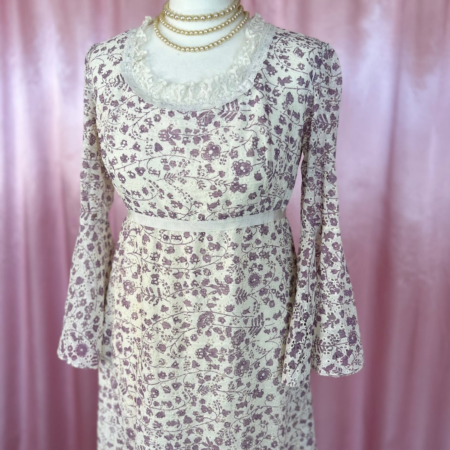 1960s Floral lace midaxi dress, handmade, size 10