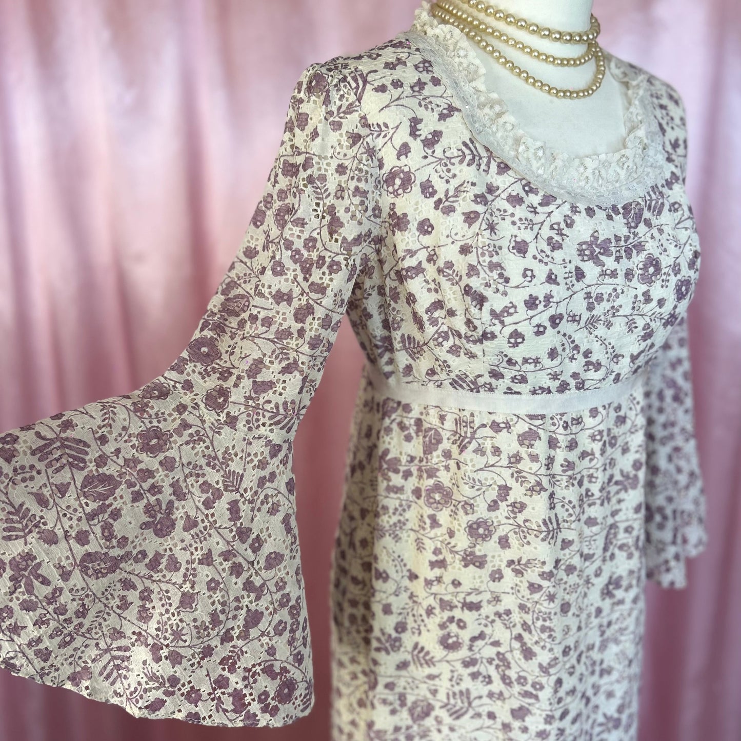 1960s Floral lace midaxi dress, handmade, size 10