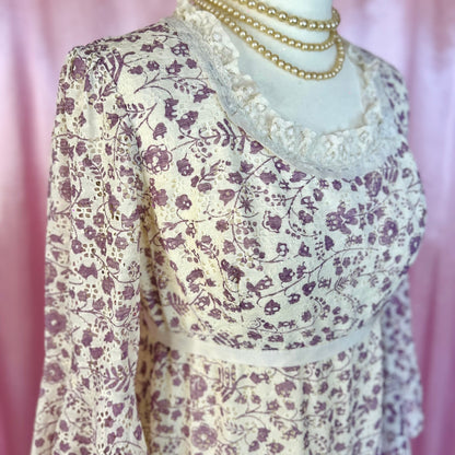 1960s Floral lace midaxi dress, handmade, size 10