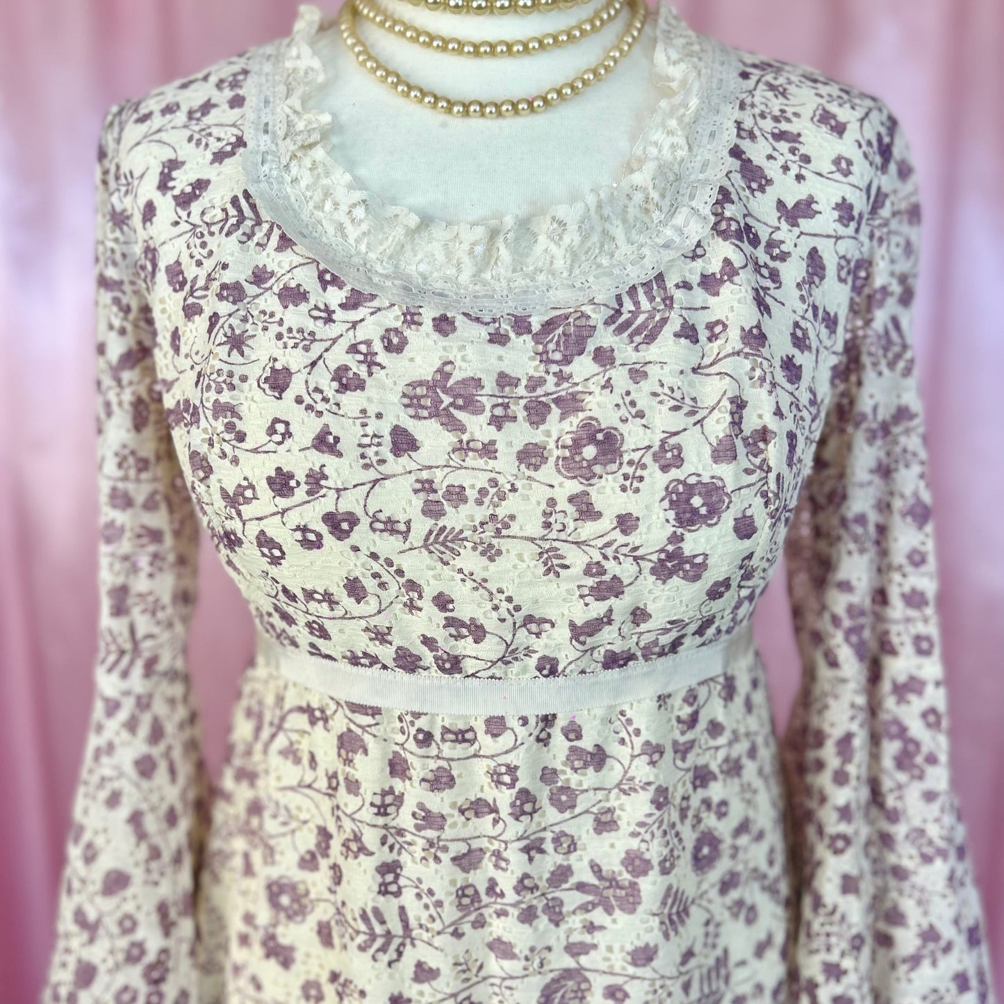 1960s Floral lace midaxi dress, handmade, size 10