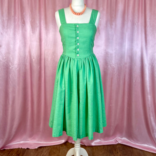 1980s Green fit & flare dress, handmade, size 8