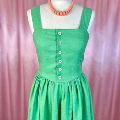 1980s Green fit & flare dress, handmade, size 8