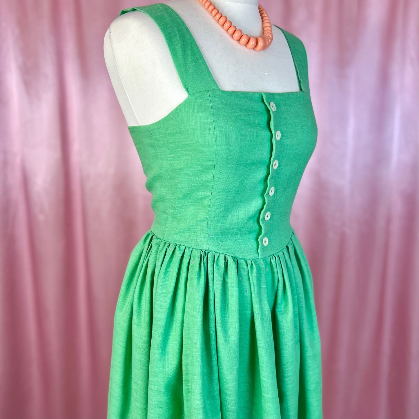 1980s Green fit & flare dress, handmade, size 8