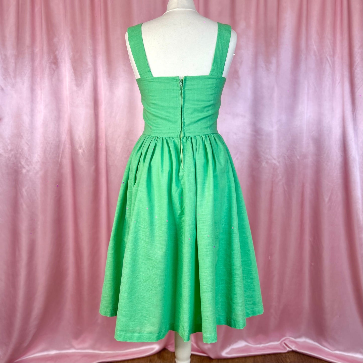 1980s Green fit & flare dress, handmade, size 8