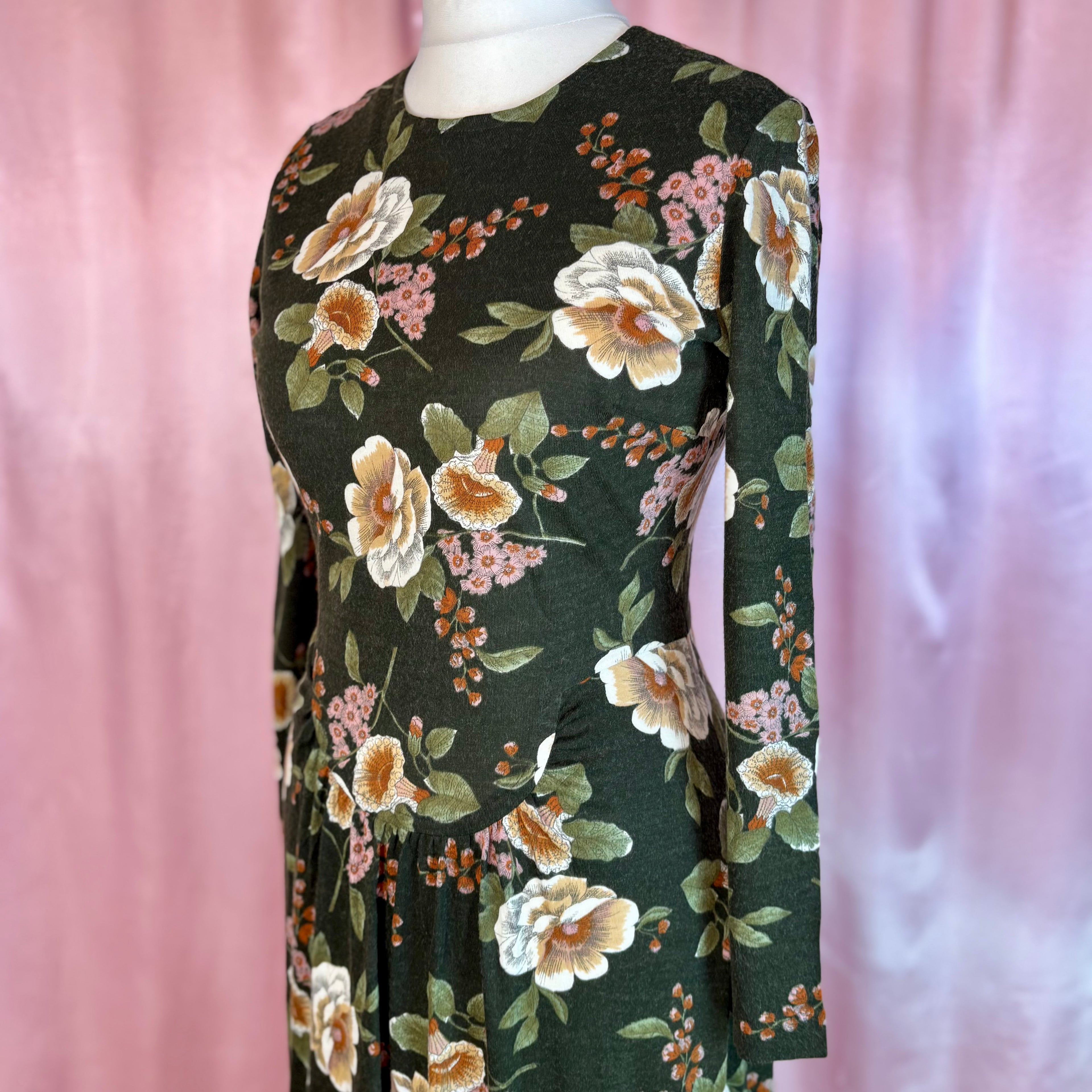 1970s floral jersey maxi dress, by Eastex, size 12