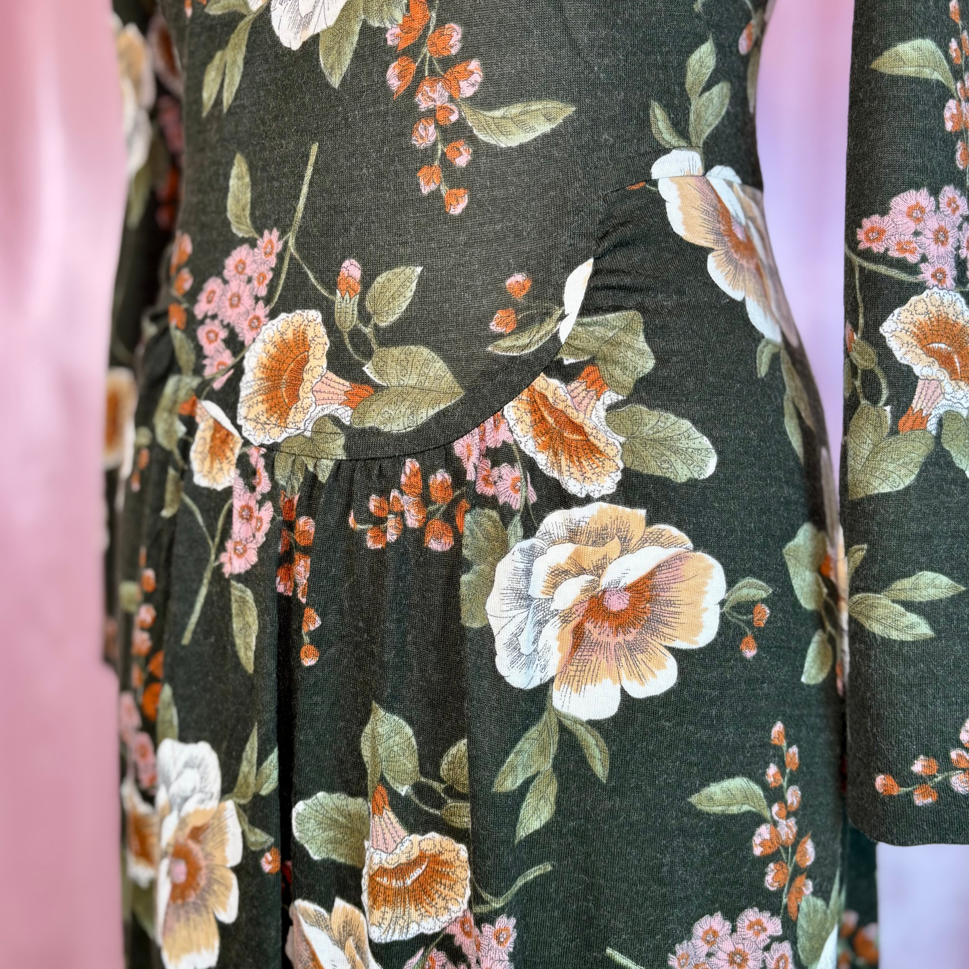 1970s floral jersey maxi dress, by Eastex, size 12