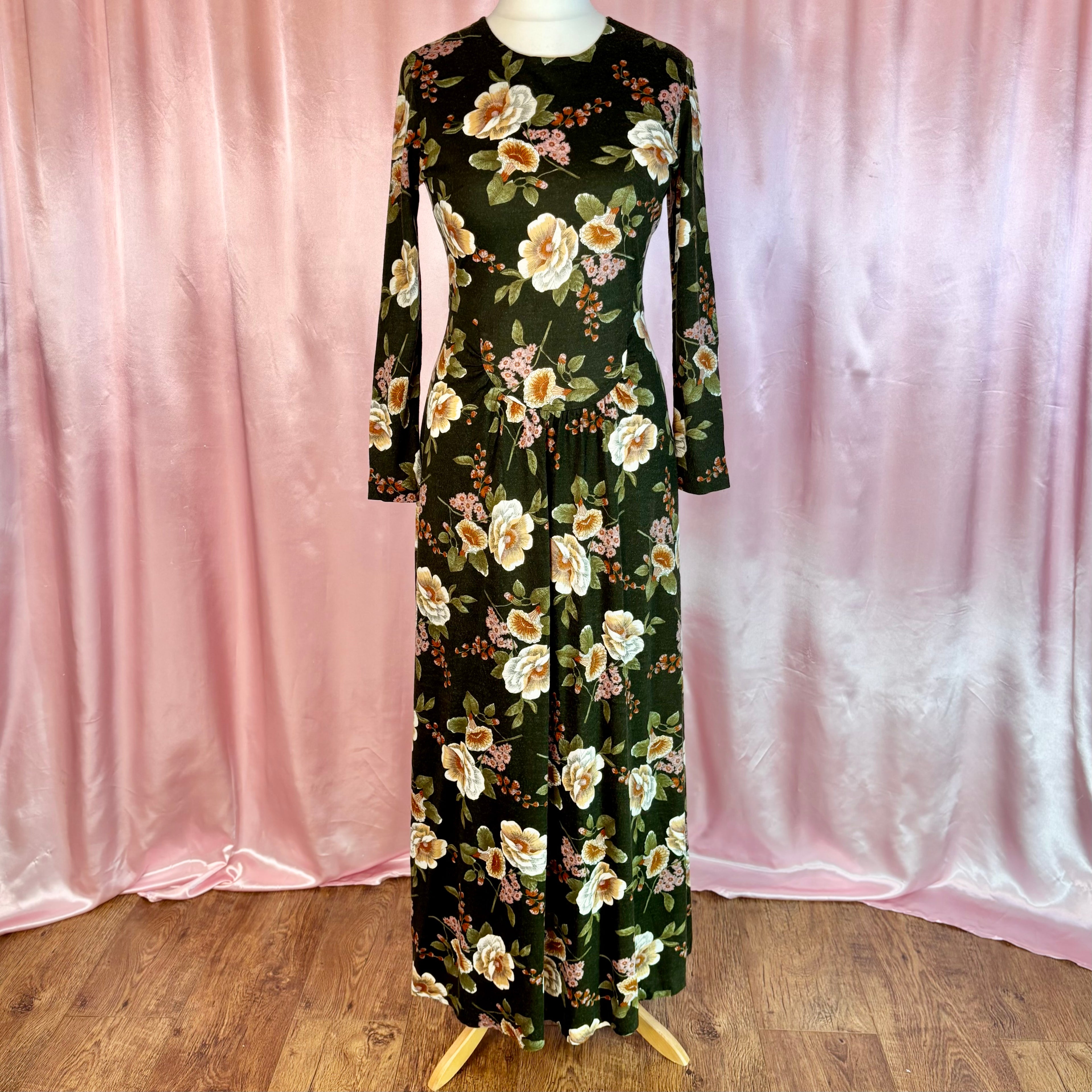1970s floral jersey maxi dress, by Eastex, size 12