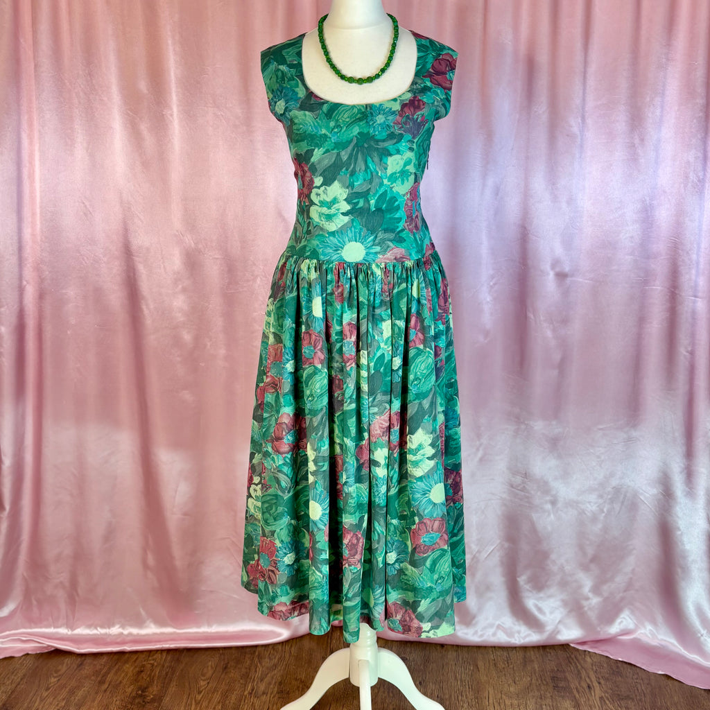 1950s Green floral dress, handmade, size 8