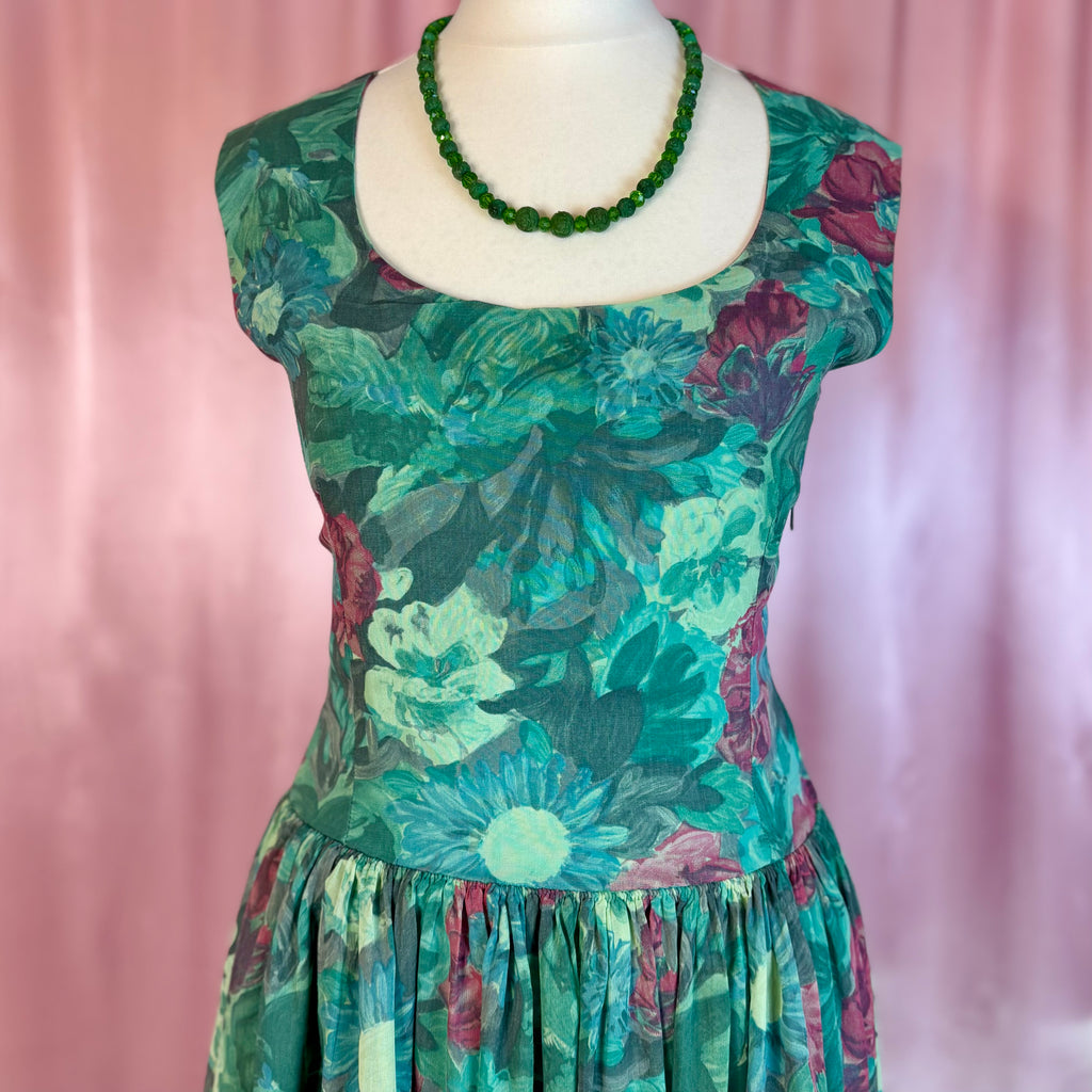 1950s Green floral dress, handmade, size 8