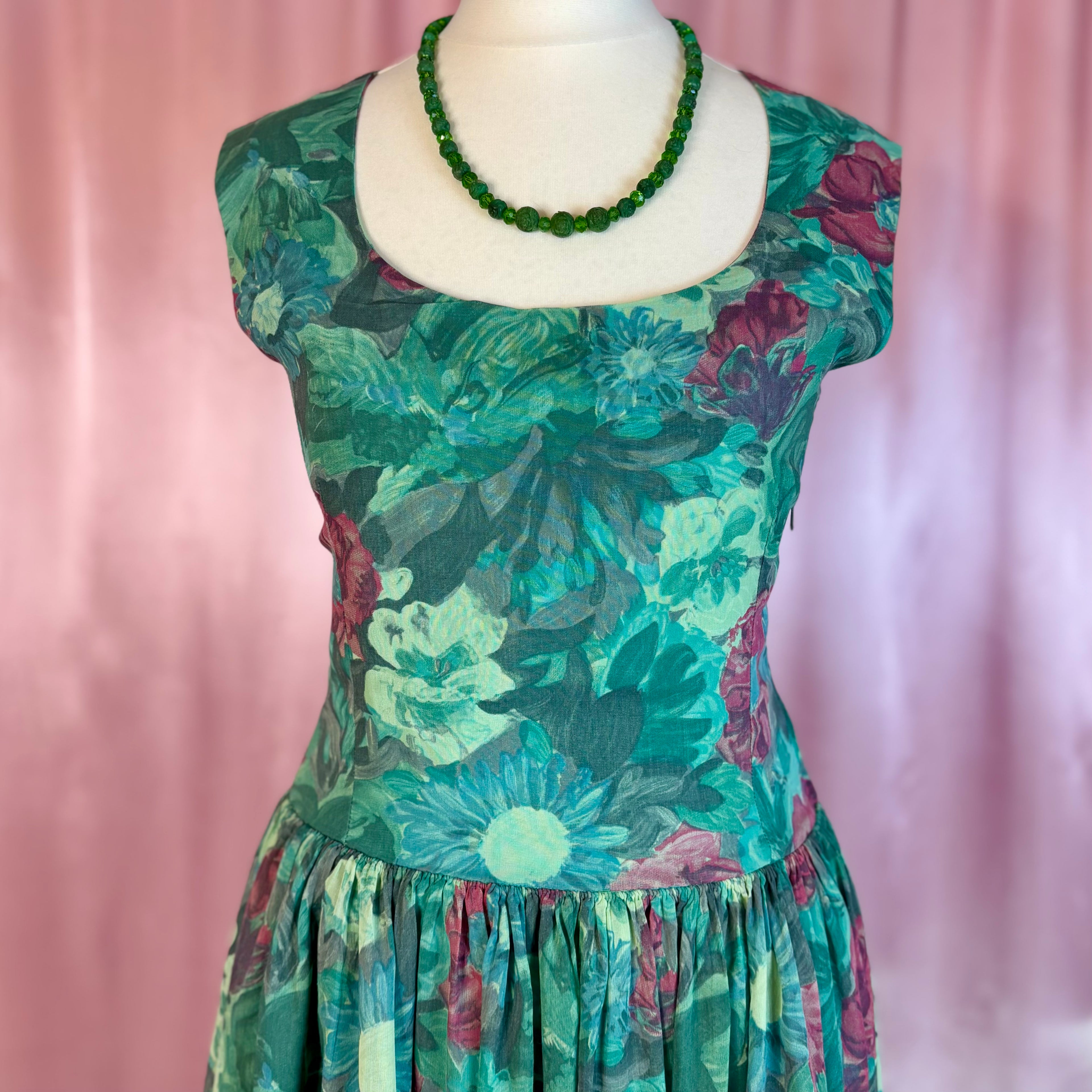 1950s Green floral dress, handmade, size 8