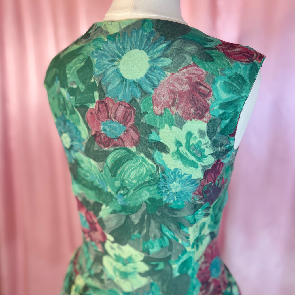 1950s Green floral dress, handmade, size 8