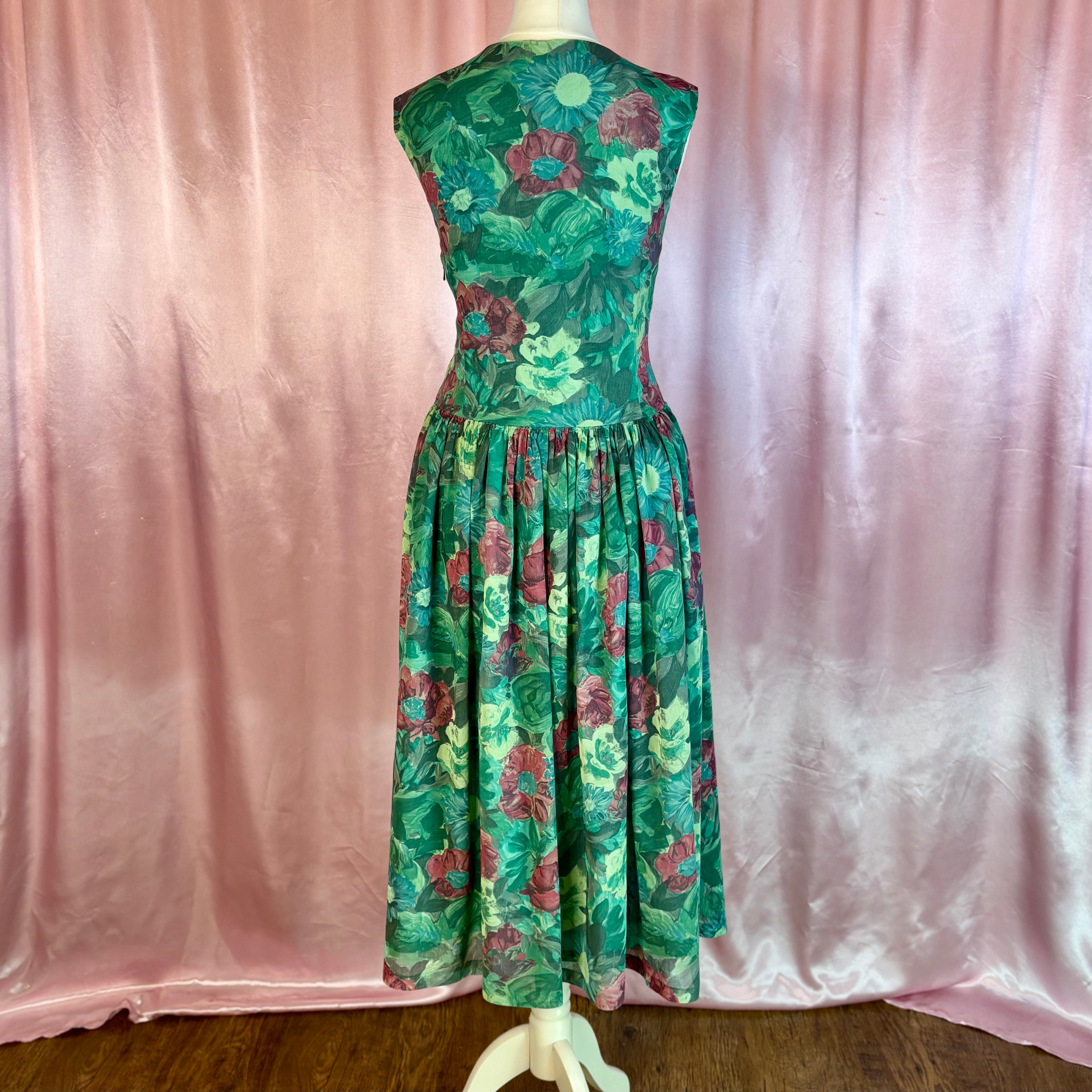 1950s Green floral dress, handmade, size 8
