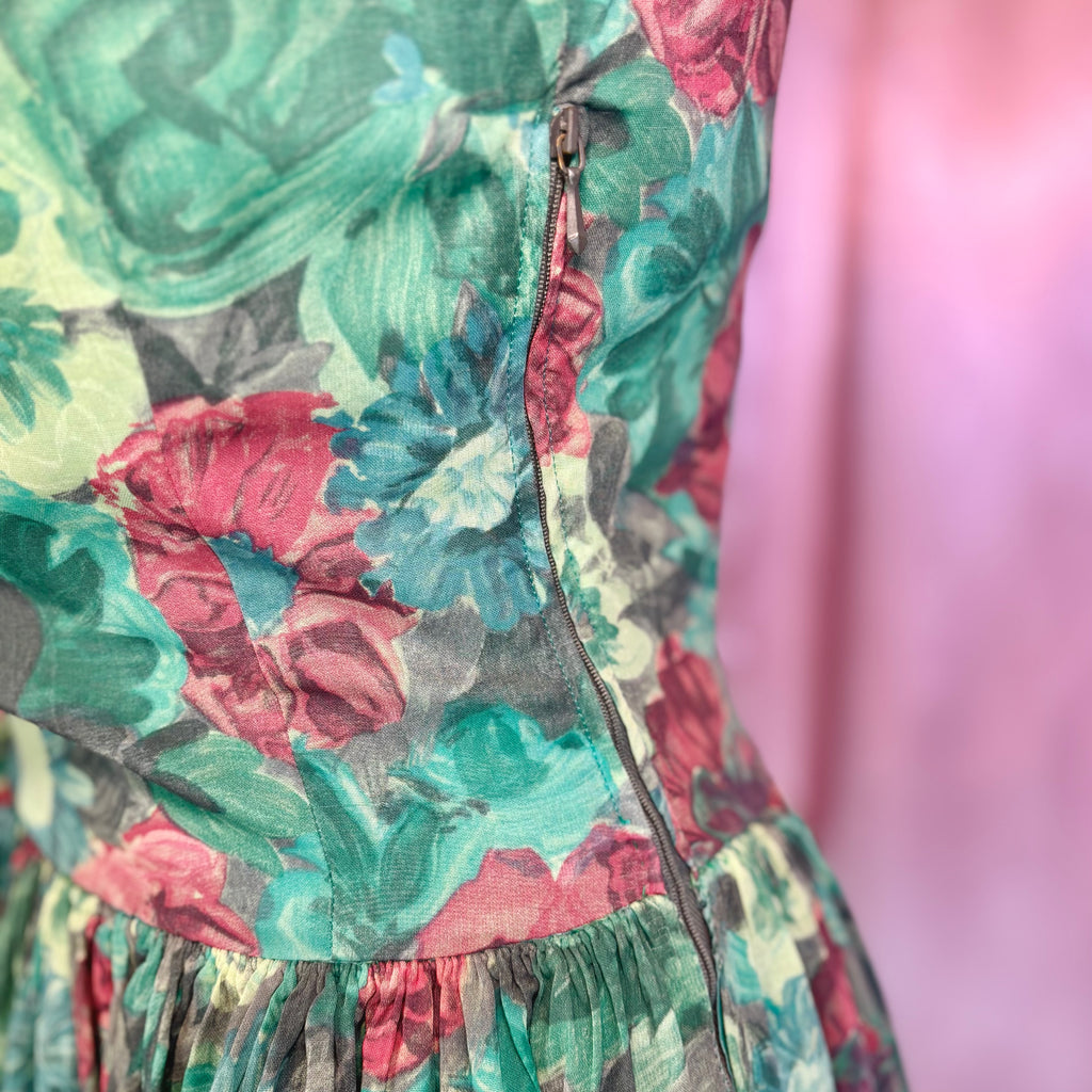 1950s Green floral dress, handmade, size 8