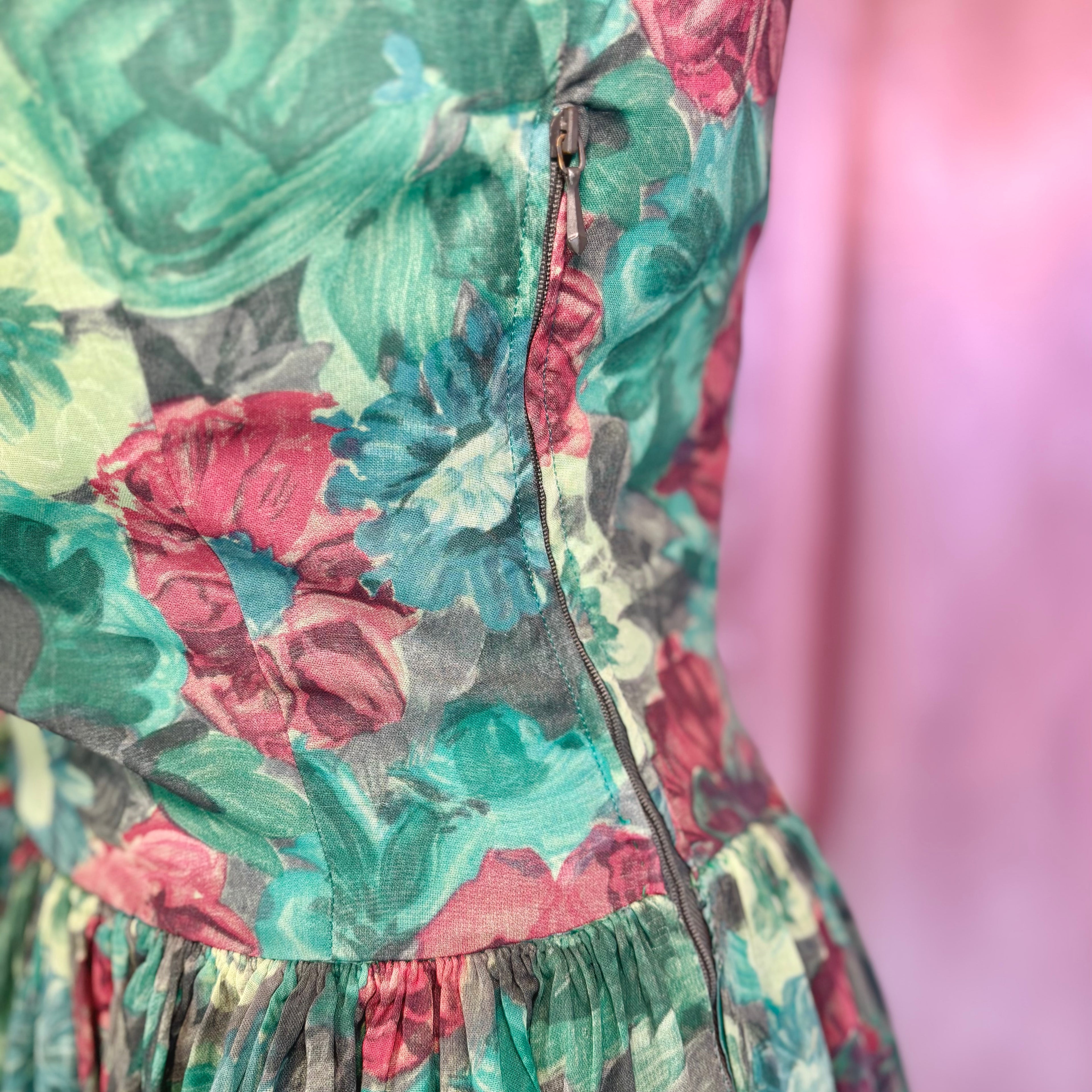 1950s Green floral dress, handmade, size 8