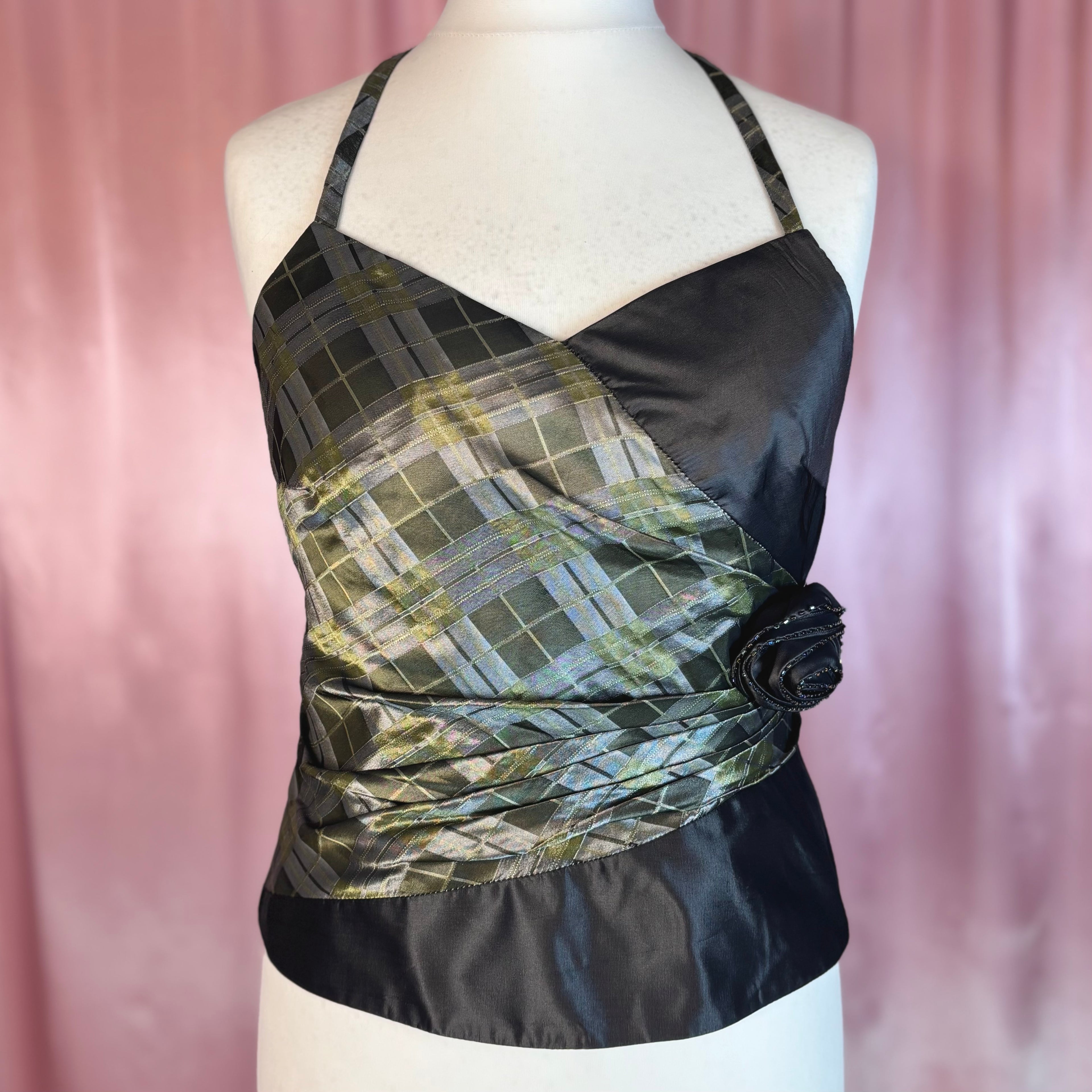 Y2K Khaki tartan bustier, by Frank Usher, size 14