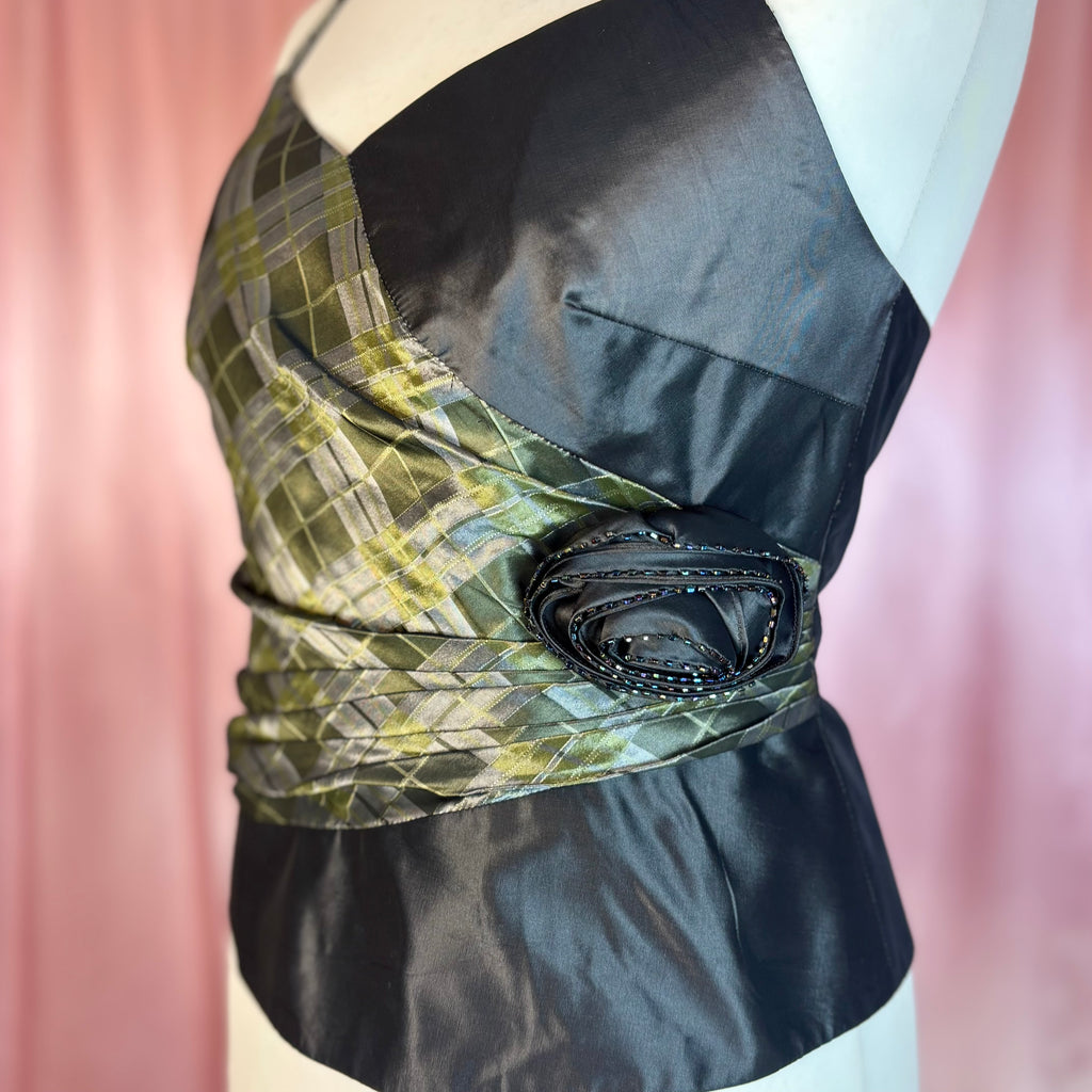 Y2K Khaki tartan bustier, by Frank Usher, size 14