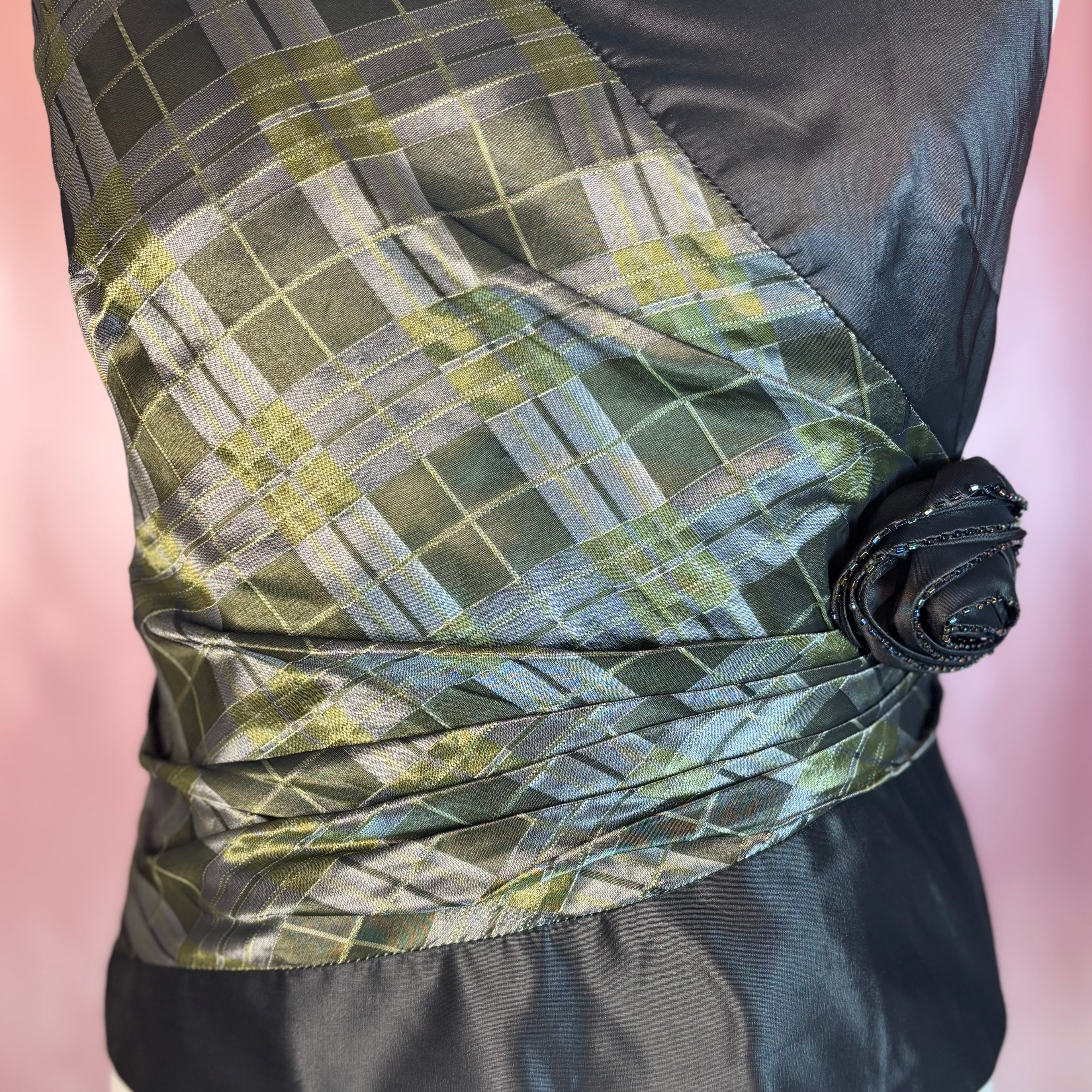 Y2K Khaki tartan bustier, by Frank Usher, size 14