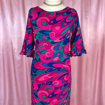 1960s Psychedelic maxi dress, handmade, size 14