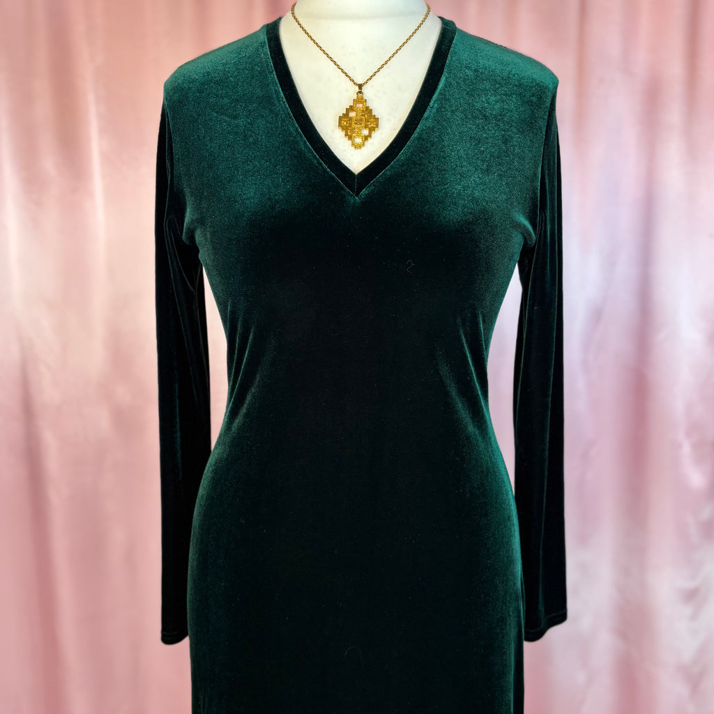 1990s Dark green velvet dress, by Canda, size 12/14