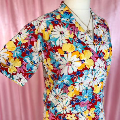 1980s Red floral top, by Tru Blouse, size 16