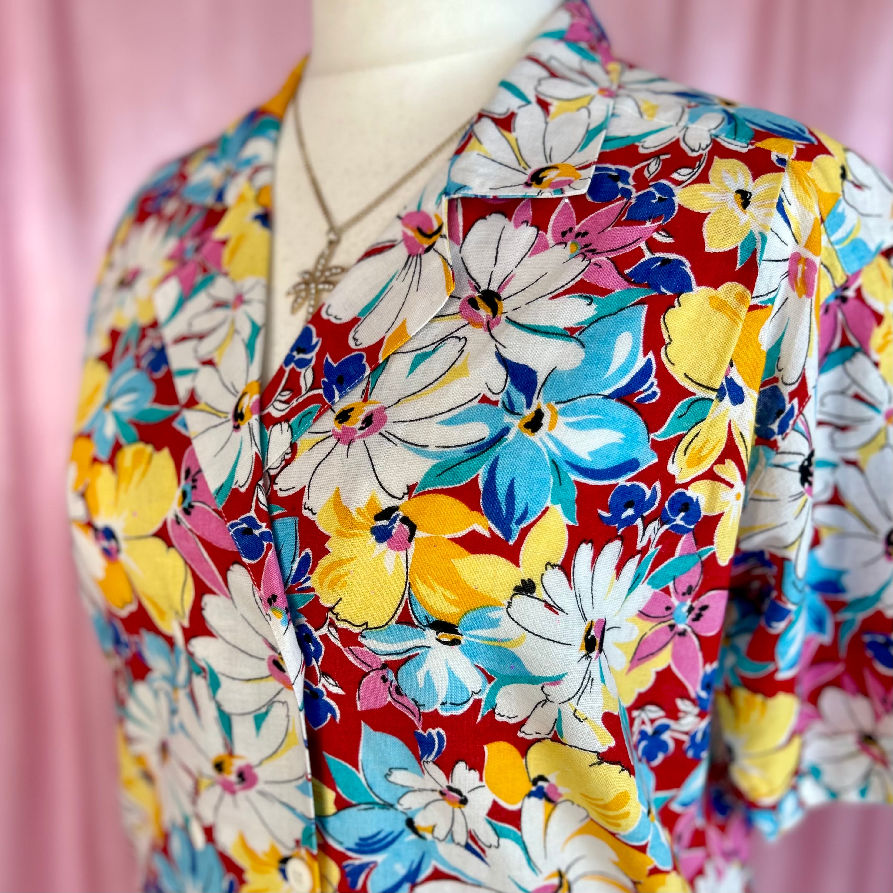 1980s Red floral top, by Tru Blouse, size 16