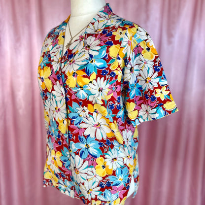 1980s Red floral top, by Tru Blouse, size 16