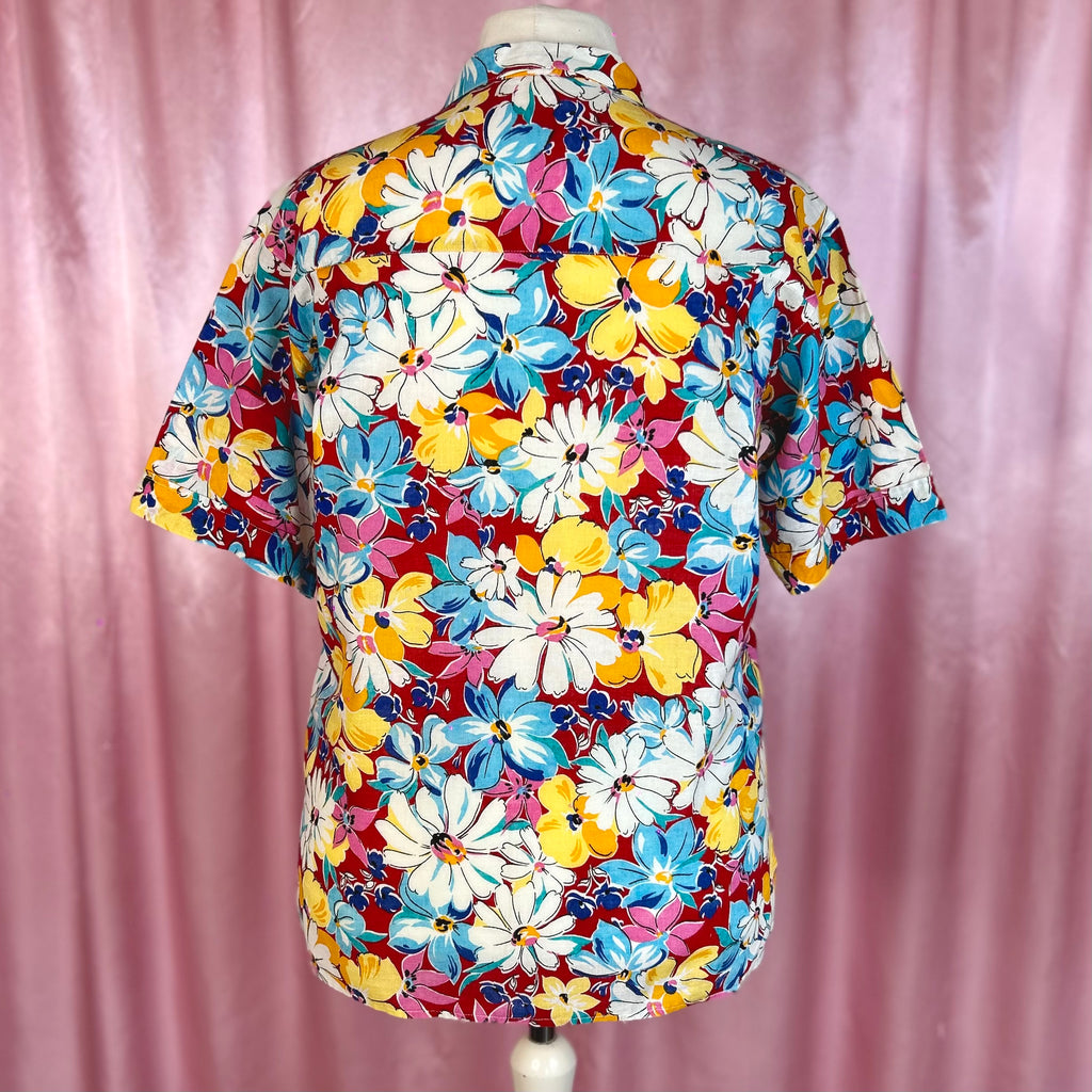 1980s Red floral top, by Tru Blouse, size 16
