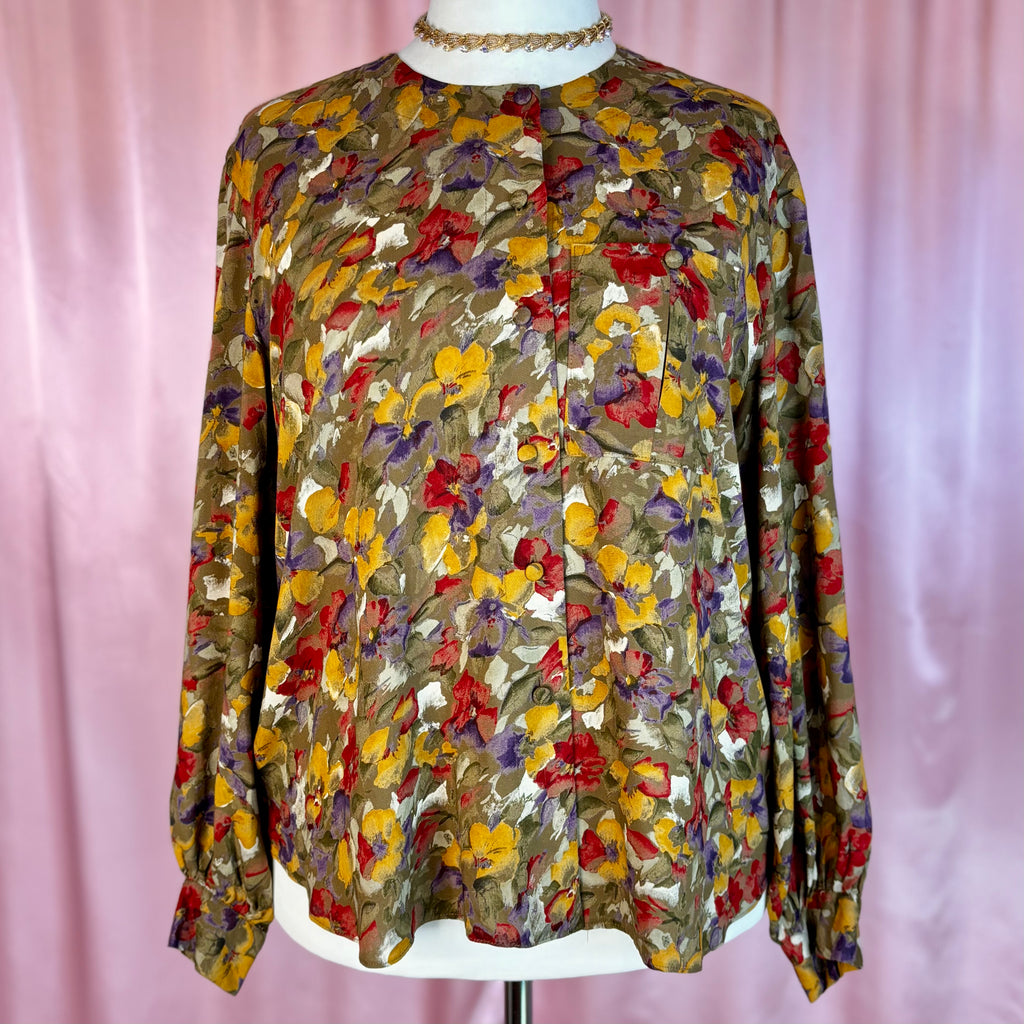 1980s Khaki floral blouse, by Littlewoods, size 20