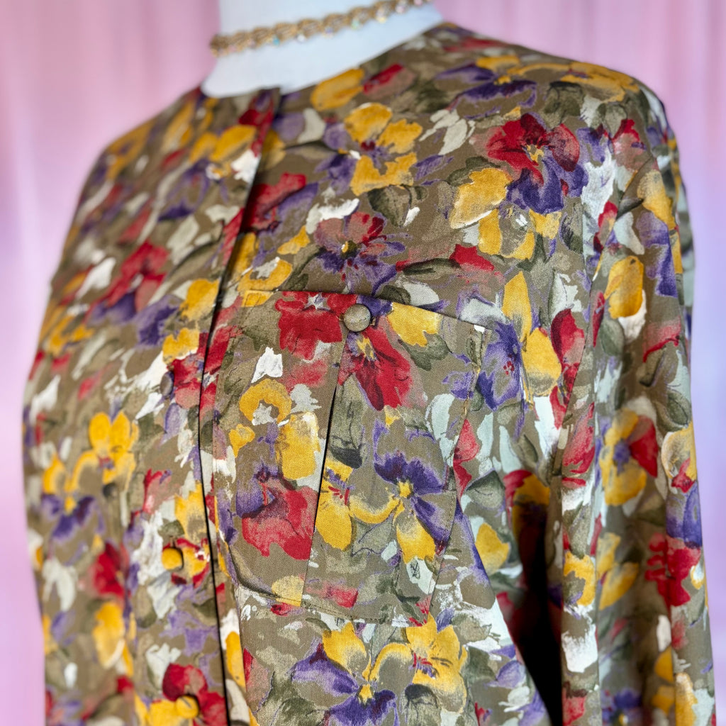 1980s Khaki floral blouse, by Littlewoods, size 20