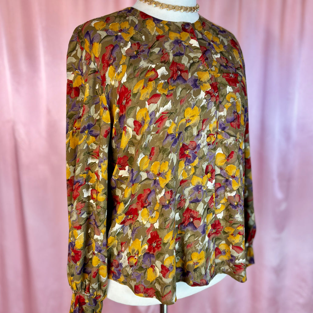 1980s Khaki floral blouse, by Littlewoods, size 20