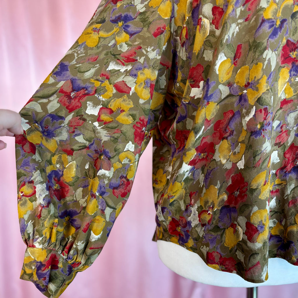 1980s Khaki floral blouse, by Littlewoods, size 20