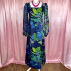 1970s Blue floral maxi dress, handmade, size 8