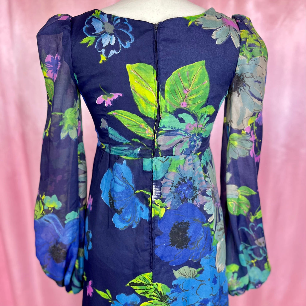 1970s Blue floral maxi dress, handmade, size 8