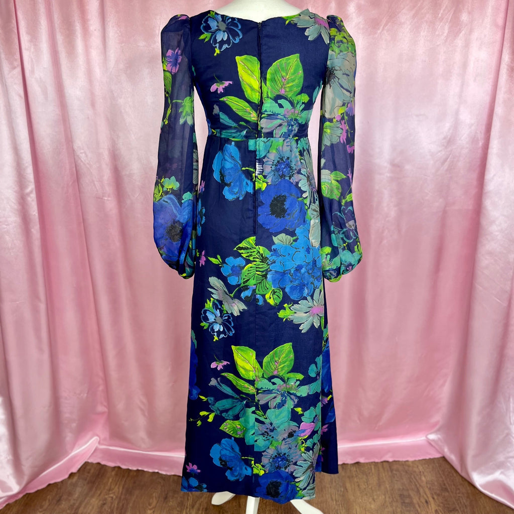 1970s Blue floral maxi dress, handmade, size 8