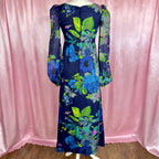 1970s Blue floral maxi dress, handmade, size 8