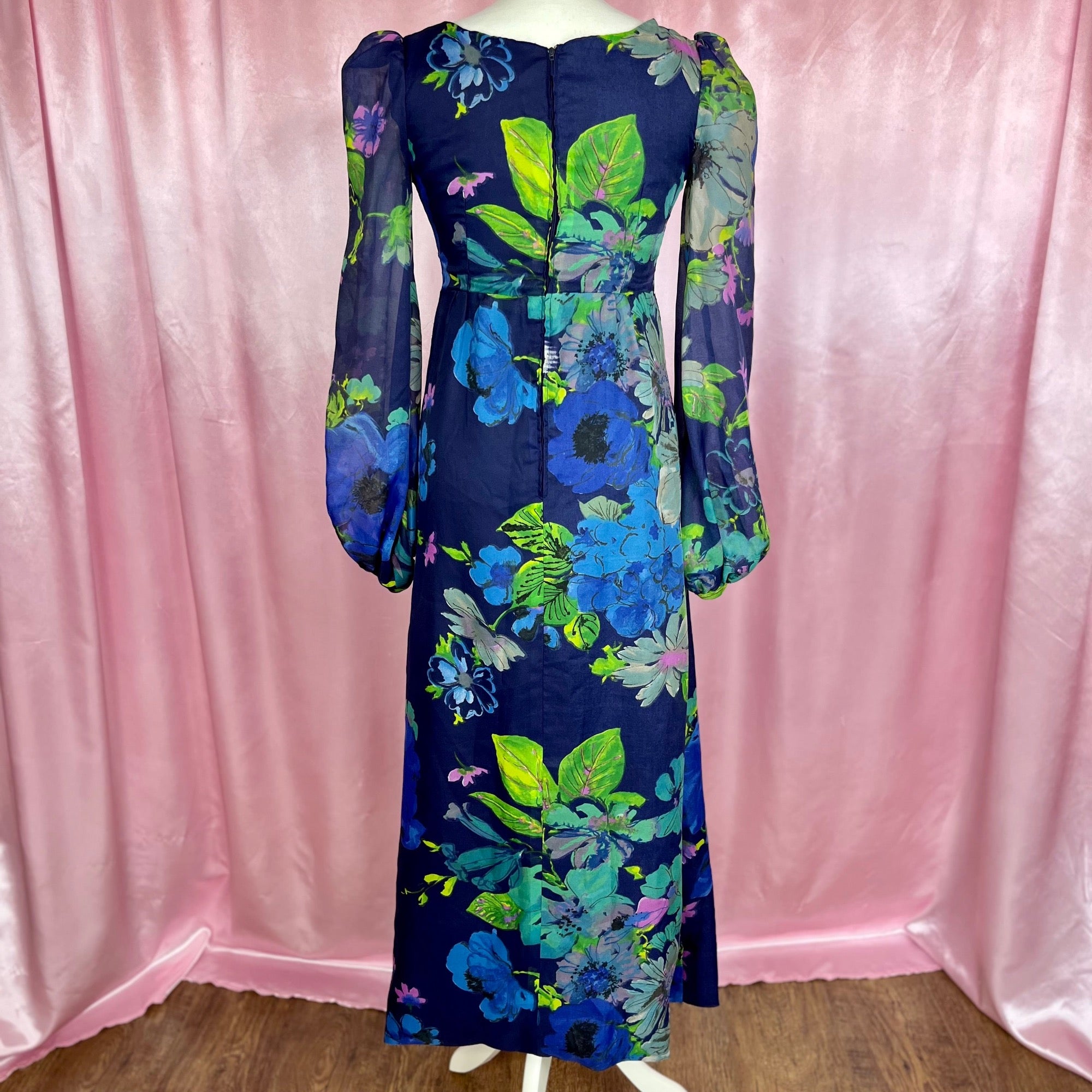 1970s Blue floral maxi dress, handmade, size 8
