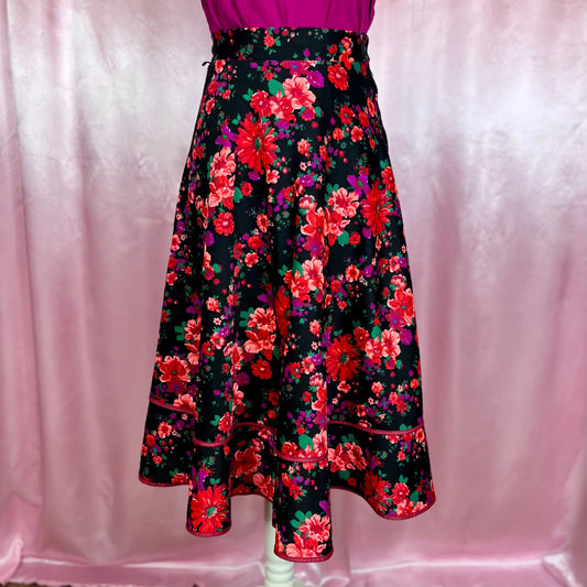 1970s Black floral prairie skirt, unbranded, size 8