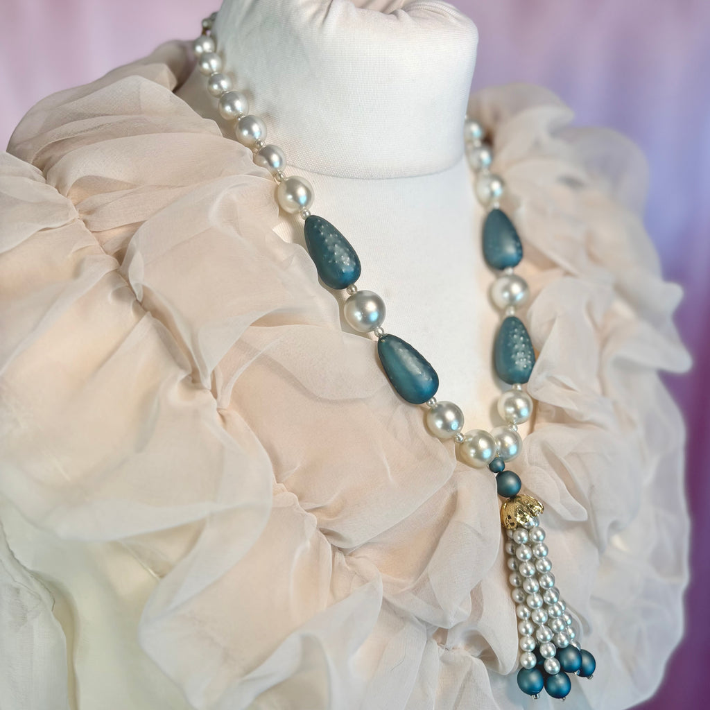 1980s Blue beaded tassel necklace