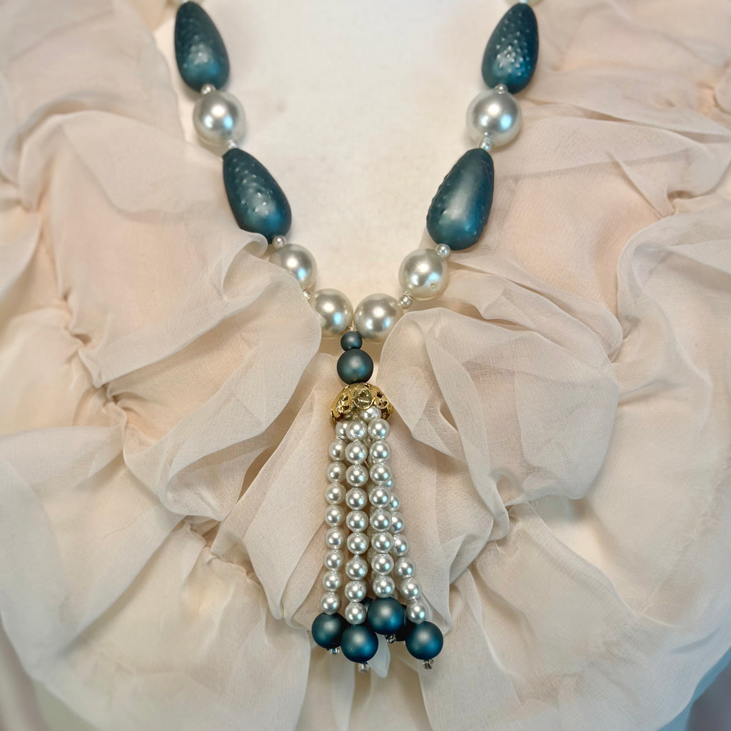 1980s Blue beaded tassel necklace