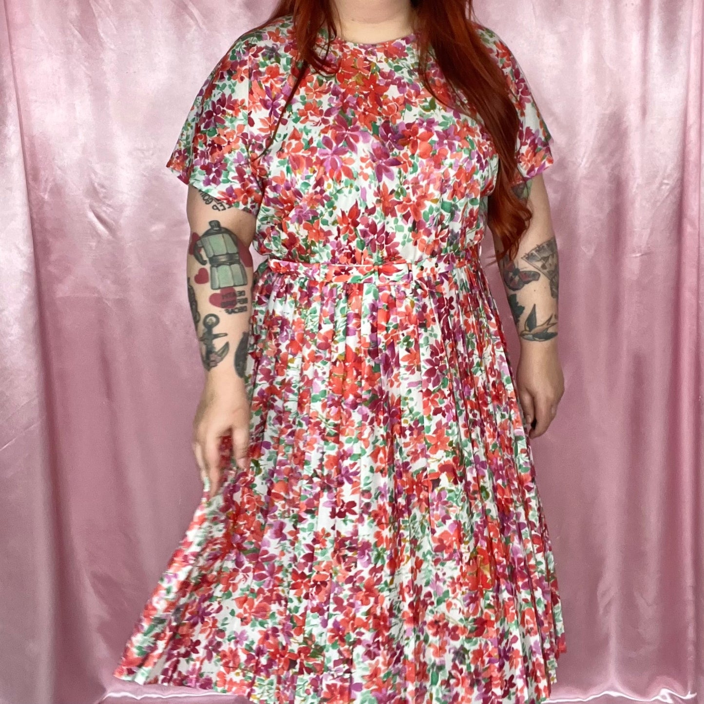 1980s Belted floral dress, by Essence, size 18