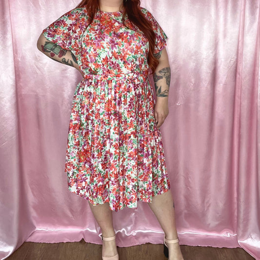 1980s belted floral dress, by Essence, size 18/20