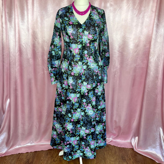 1970s floral maxi dress, handmade, size 16