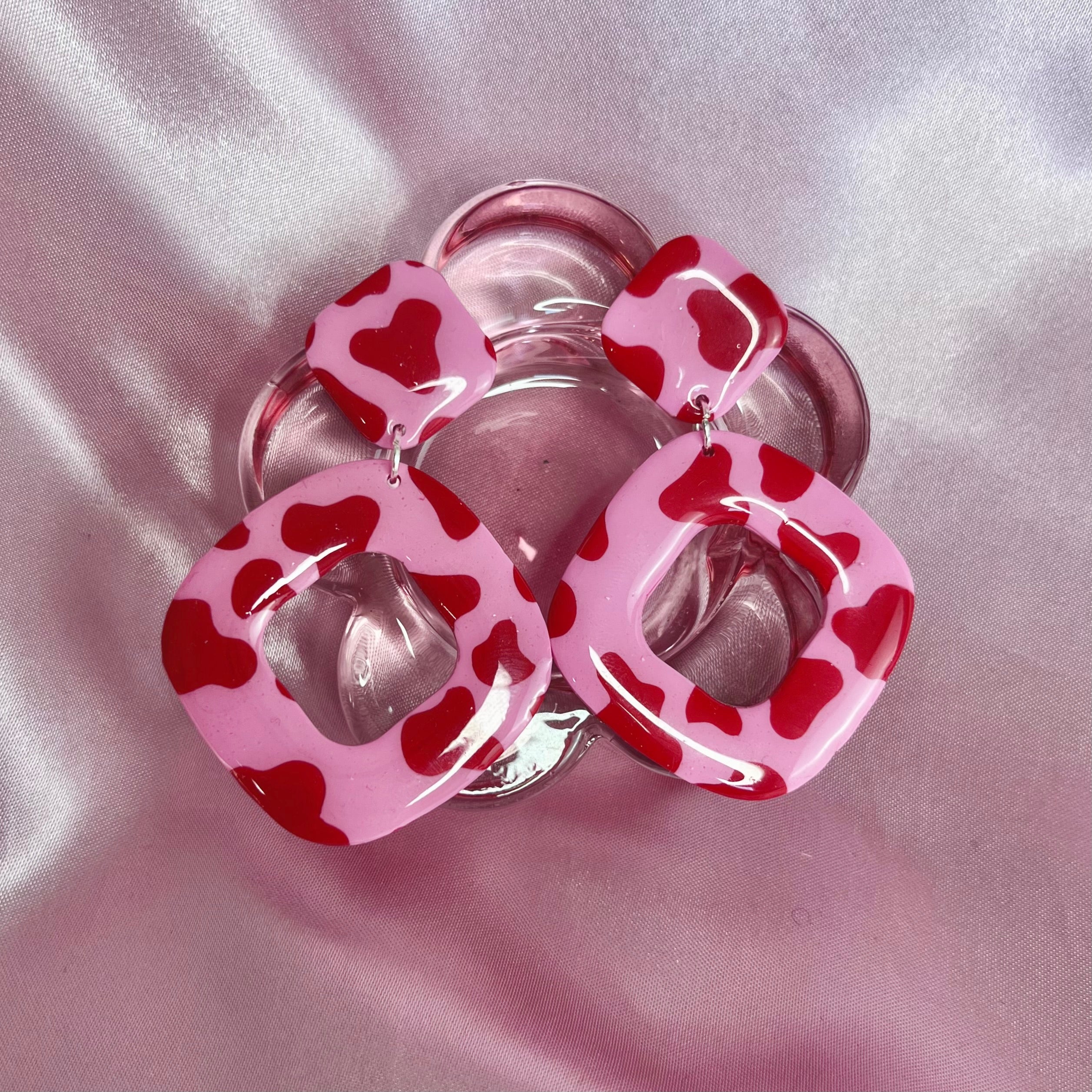 Handmade Pink & Red cow print earrings