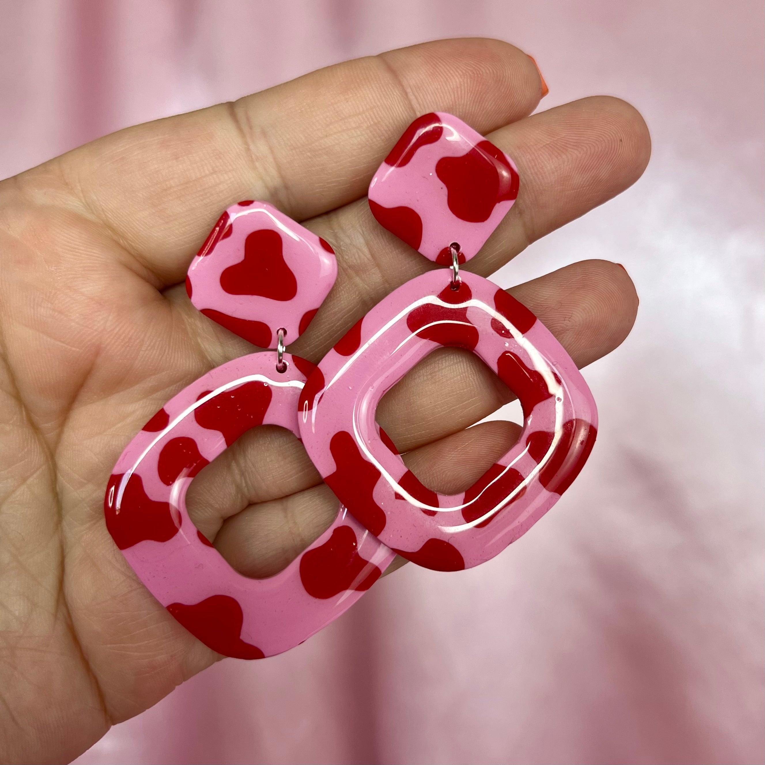 Handmade Pink & Red cow print earrings